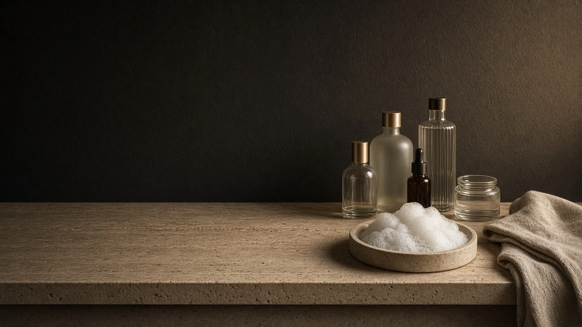 Shampoo bottles and lather on a stone vanity in morning light